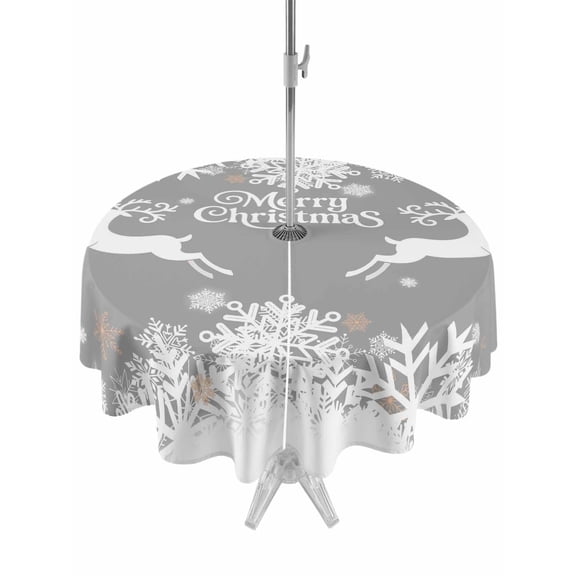 Outdoor Tablecloth with Umbrella Hole and Zipper, Grey Christmas Round Table Cloth 54 Inch Waterproof Tablecloth, Xmas Elk White Snowflake Winter Holiday Picnic Table Cover for Patio Camping