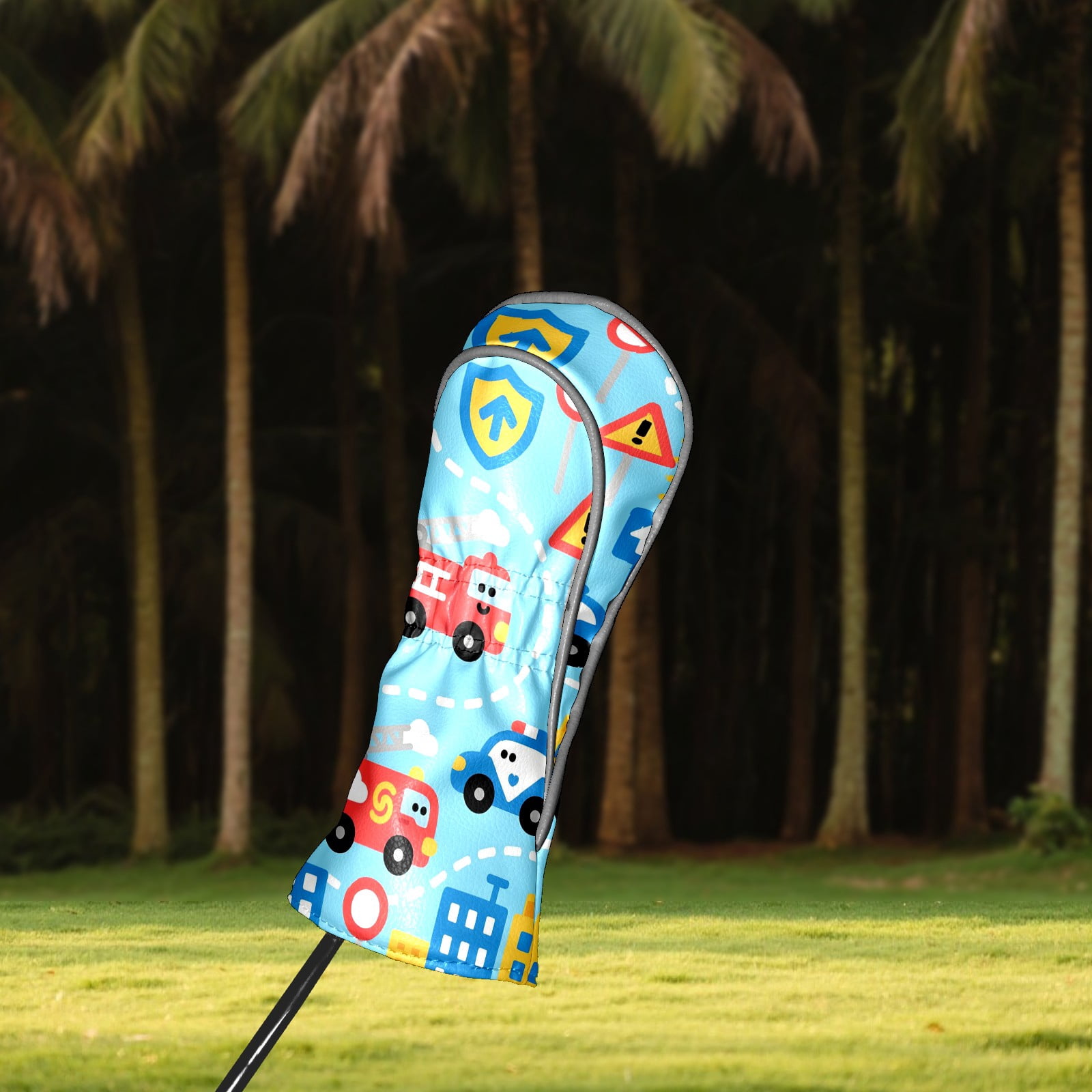 Golf Club Covers, Firefighter Police Car Blue Premium PU Leather Driver Hybrid Putter Head Covers with Velvet Lining, Waterproof Golf Gifts for Men Women