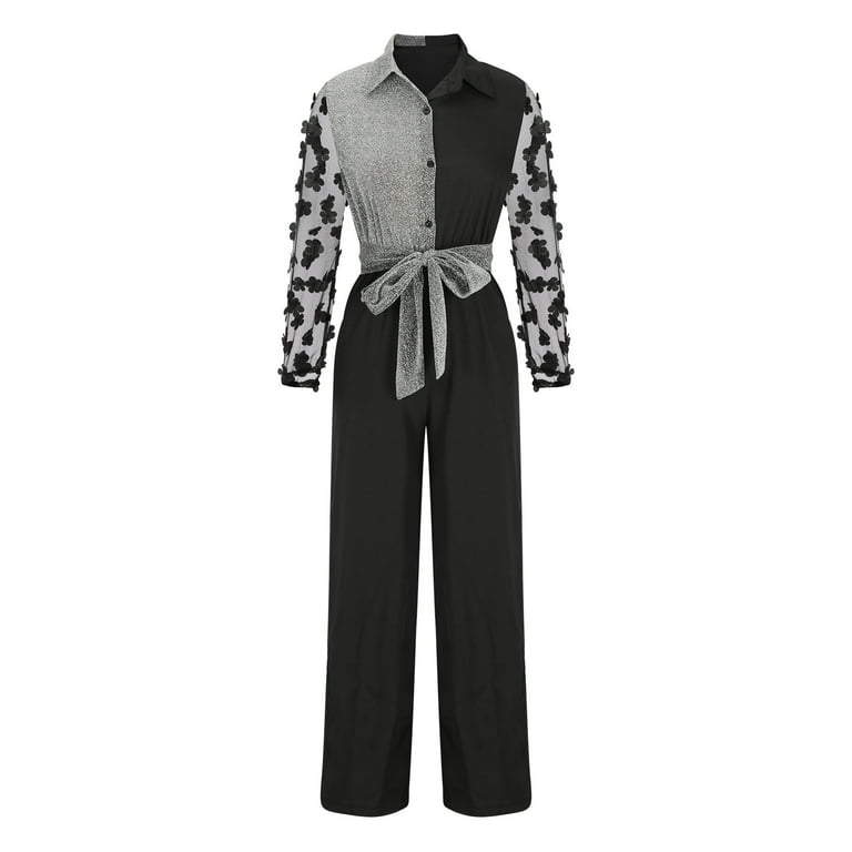 Women's Patchwork Jumpsuits Buttons Lapel Sheer Long Sleeve Tie