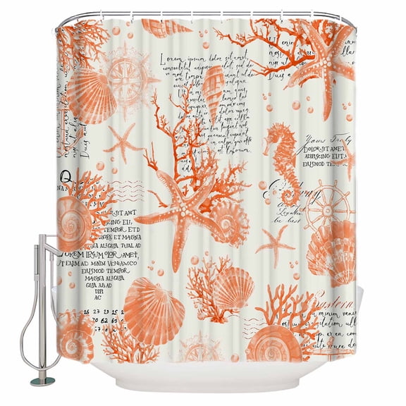 Shower Curtain Bathroom Set Coastal Orange Starfish Shell Waterproof Fabric Shower Curtains with Grommets&Hooks Vintage Seahorse Coral Privacy Bath Curtain for Bathtub 36x72in