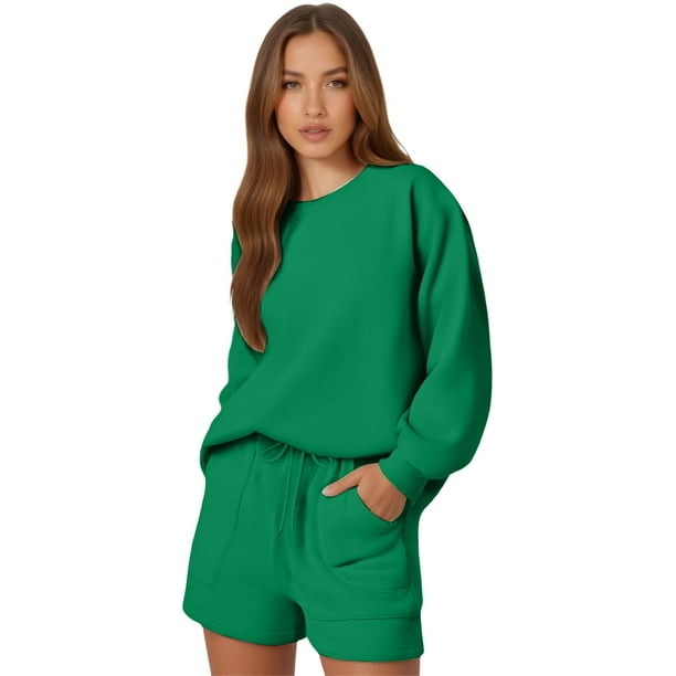 Conjunto de camiseta de manga larga y pantalones cortos para mujer - Conjunto informal con cordón y bolsillos - Tejido de poliéster - S-XXXL
