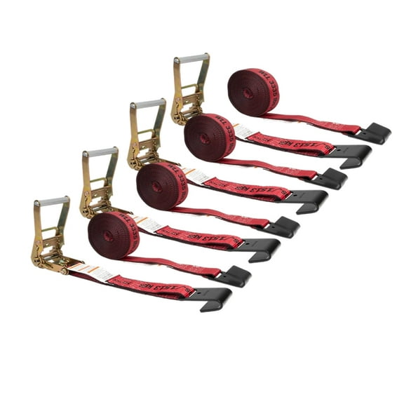 4 Pack 2" x 30' Kinedyne Heavy Duty Tie-Down Ratchet Straps with Flat Hooks, 10,000 lbs Breaking Strength - Red Tie Down Ratchet Straps for Flatbed Trailers, Pickup Trucks