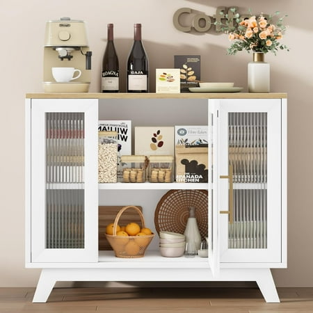 Hetoy 36 Inch Small Buffet Storage Cabinet with Adjustable Shelf and Fluted Glass Door Retro Kitchen Sideboard Oak