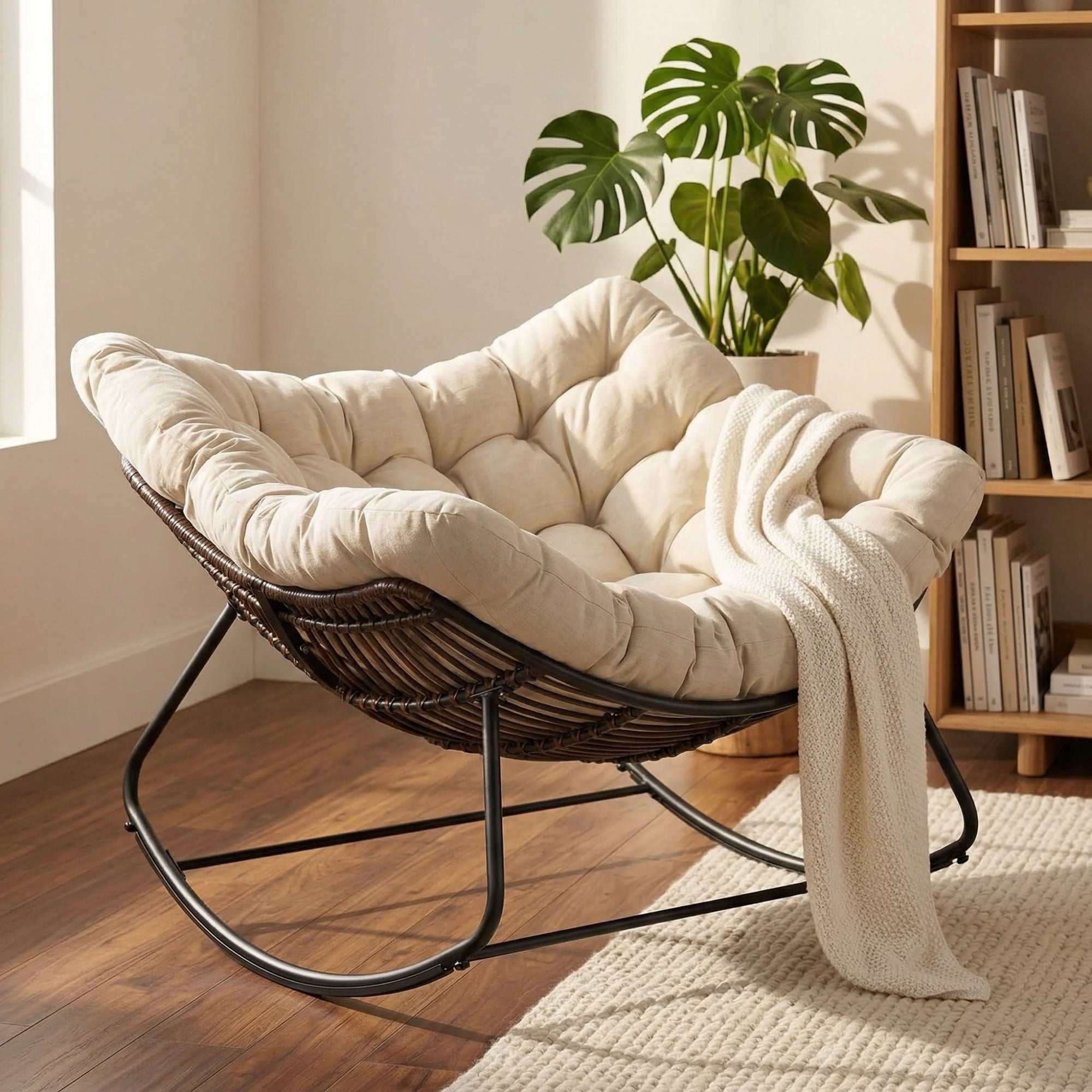 Outdoor Papasan Rocking Chair Oversized, Rattan Egg Rocker Chair with Padded Cushion, 400lbs Patio Wicker Rocking Chair for Living Room Porch Backyard, Beige