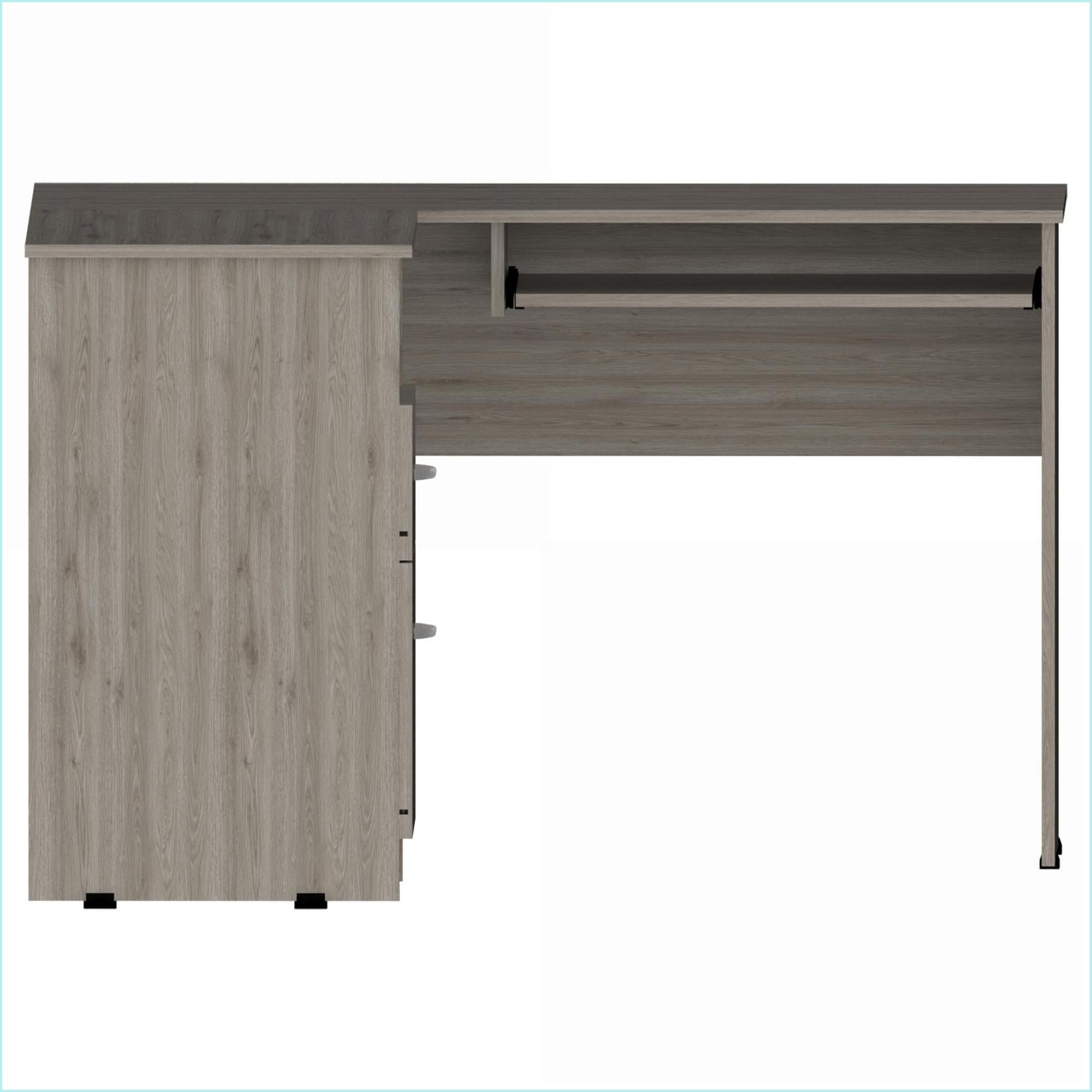Desks | Modern L-Shaped Corner Desk with 2 Drawers, Shelf, CPU Storage & Keyboard Tray | Light Gray | Particle Board