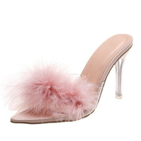 

Women s High Heel Furry Slip on Sandals Open Toe Pumps Shoes Work Fashion Office Wedding Spring