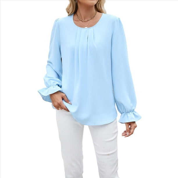 Camisa de Holgada de Larga con Cuello Redondo y Color Liso para Mujer, Elegante y A . Azul S