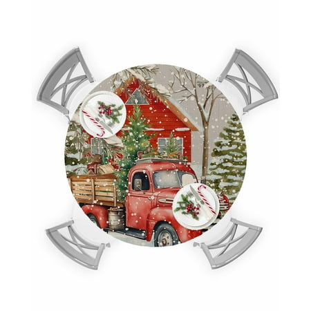 

Round Tablecloth with Elastic Merry Christmas Xmas Tree Red Truck Barn Snowflake Gray Waterproof Table Cover Wipeable Fitted Table Cloths for 45 -54 Round Tables Dining Kitchen Indoor Outdoor Use