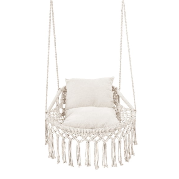 Hendoct Boho Macrame Hanging Swing Chair with 2 Cushions, Cotton Hammock Chair, 330lbs Capacity, 2 Hanging Methods for Indoor Outdoor Patio (Beige)