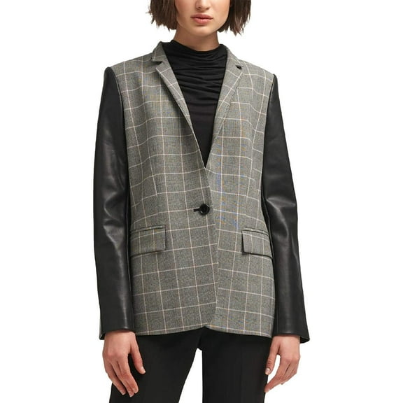 Inc International Concepts Womens Faux Leather Sleeve Plaid Jacket