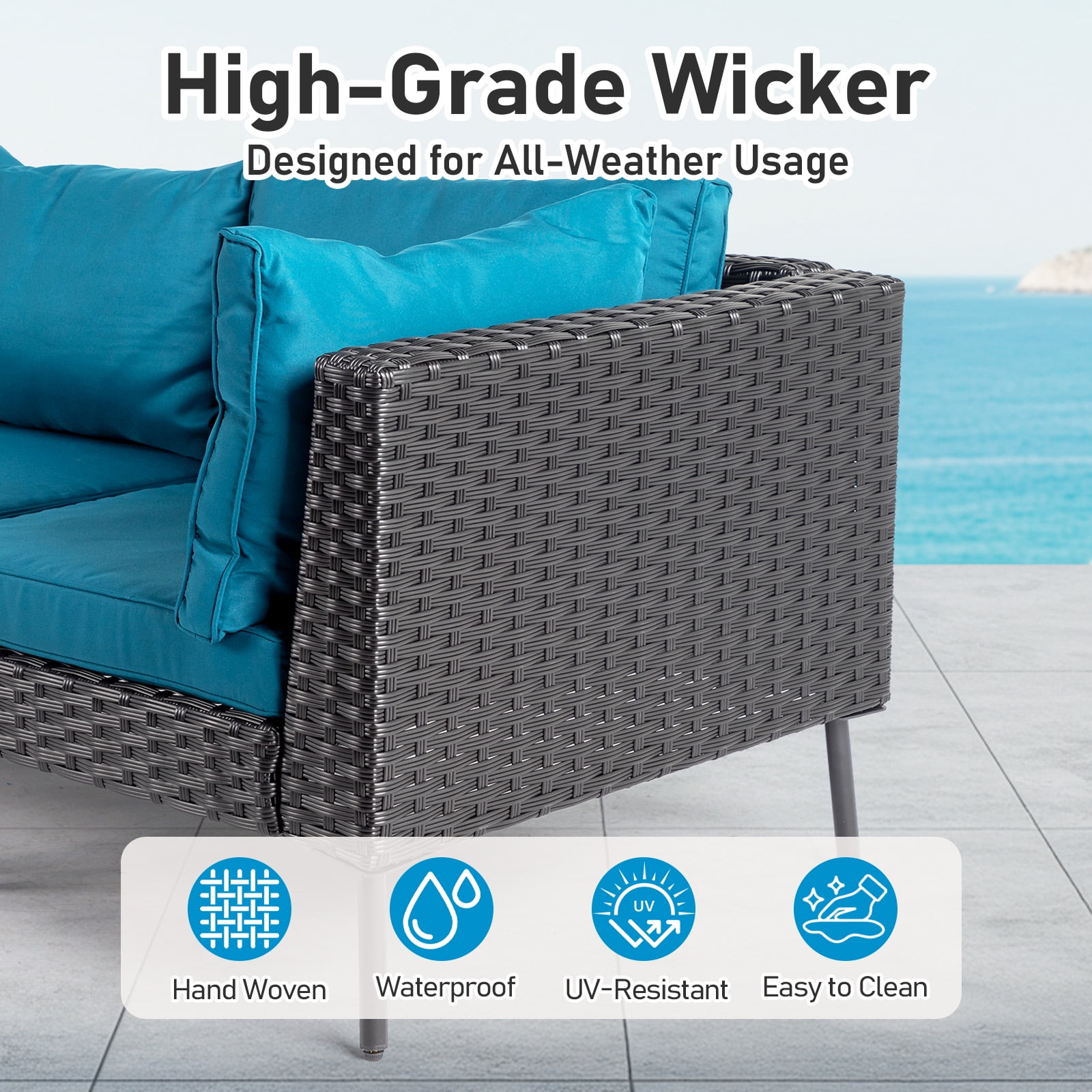 Ktaxon 6 Pieces  Modular Patio Sectional Set, All-Weather Wicker with Removable Cushions & Ottomans, Black Rattan Peacock Green