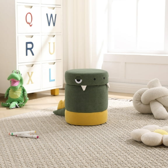 Guyou Cute Kids Storage Stool, Little Monster Shaped Upholstered Kids Reading Chair with Storage, Faux Fur Toddler Chair, Kids Shoe Changing Stool for Playroom Kindergarten Bedroom, Green