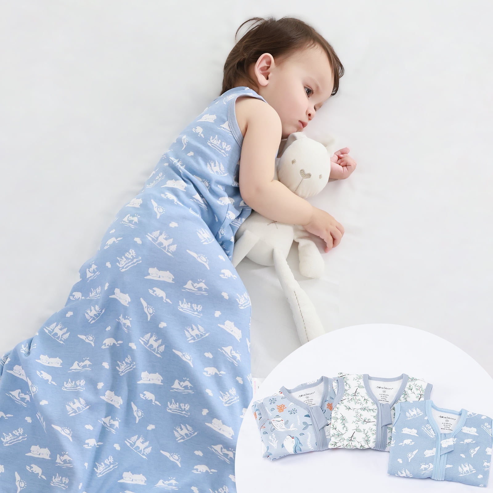 Mosebears 3Pcs 0.5 Tog Baby Sleep Sack 0-6 Months 100% Cotton Unisex Baby Wearable Blanket With 2-way Zipper