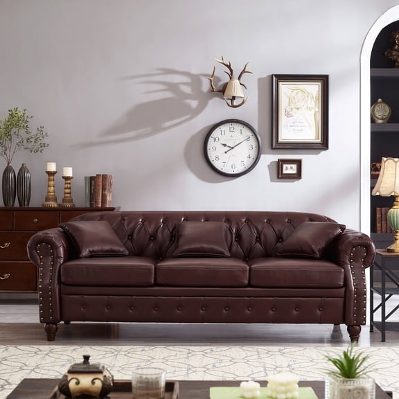 Miekor Furniture 85.8" Living Room Chesterfield Sofa Classic Tufted Design Faux Leather PU Upholstered Sofa with Storage (Burgundy) 95604