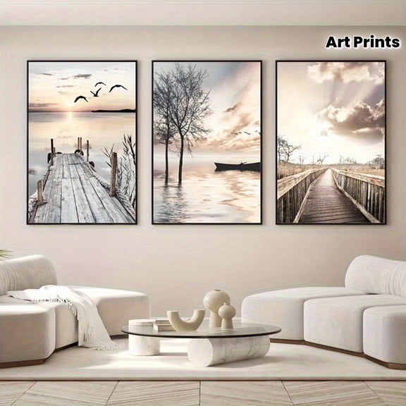 3pcs Unframed Modern Tranquil Lake and Pier Natural Style Art Prints, Decorative Paintings Large Size Canvas Posters for Living Room Wall Decoration Bedroom Dining Office Wall Decoration Pictures Ho