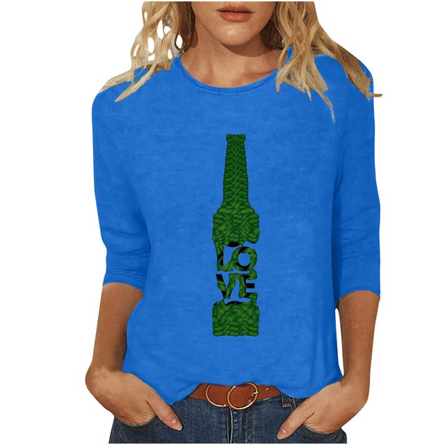 Pompotops T-Shirt d'Été Décontracté pour Femmes Imprimé Bière Col Rond Manches 3/4 Ample en Solde