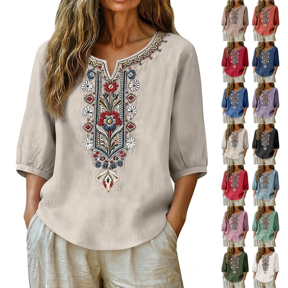 Women's Boho Embroidered Peasant Tops 3/4 Sleeve V Neck Bohemian Shirts Tunics Blouses Vacation and Travel-Beachwear