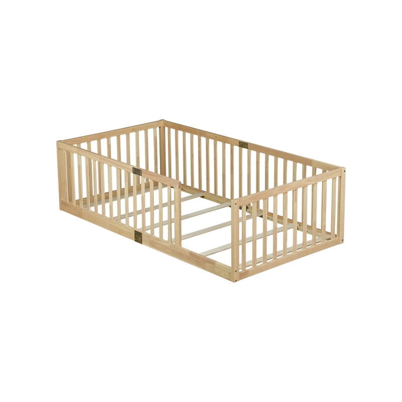 Mirightone Twin Size Wood Montessori Floor Beds with High Fence Railings, Twin Floor Bed with Slats, Twin Playhouse Bed Frame, (Natural&nbsp;)