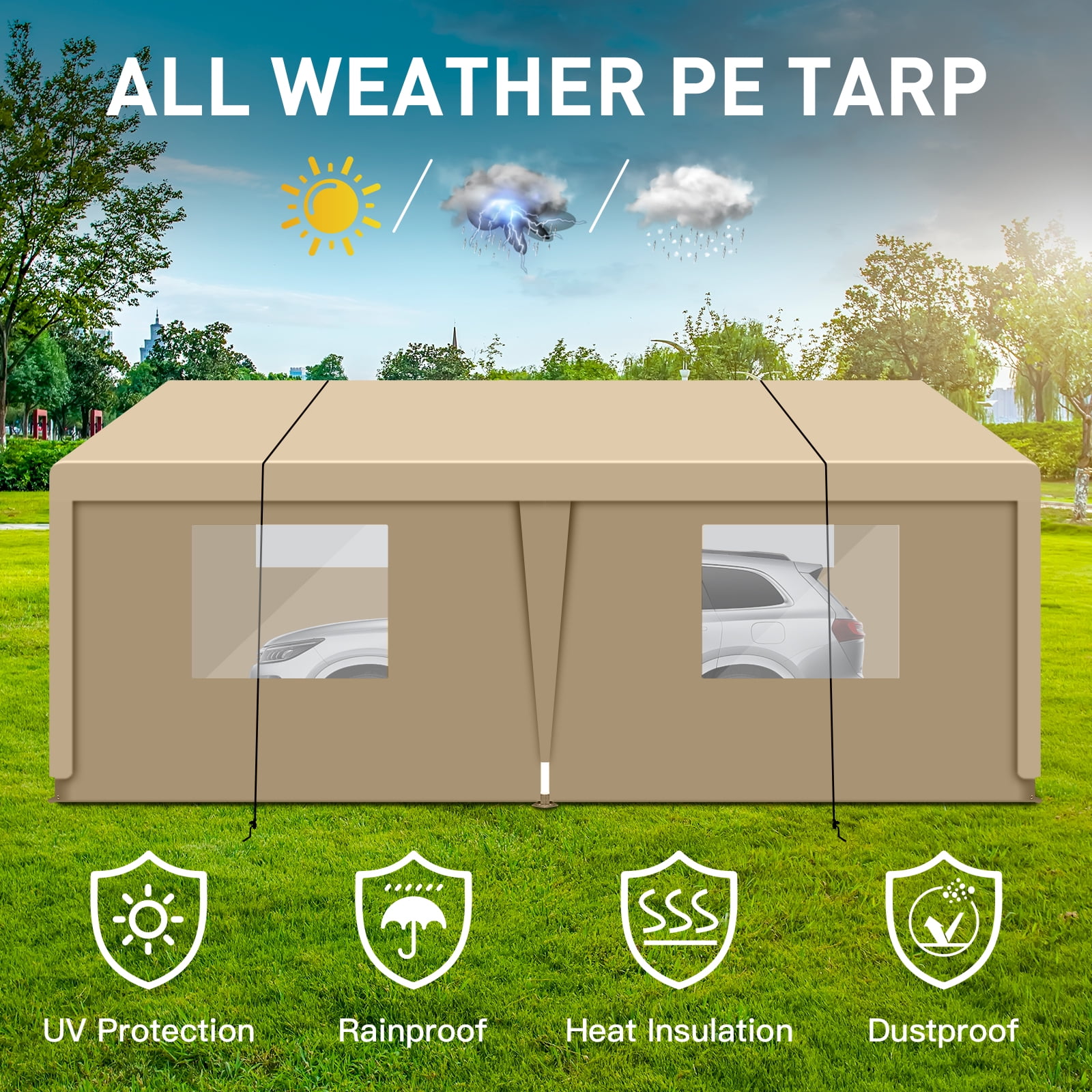 CCBEKIIM 10x20 Carport, Heavy Duty Car Port/Car Tent with Removable Sidewalls, Portable Canopy Tent for SUV, Car, Truck, Boat, Motorcycle Shelter (Beige)