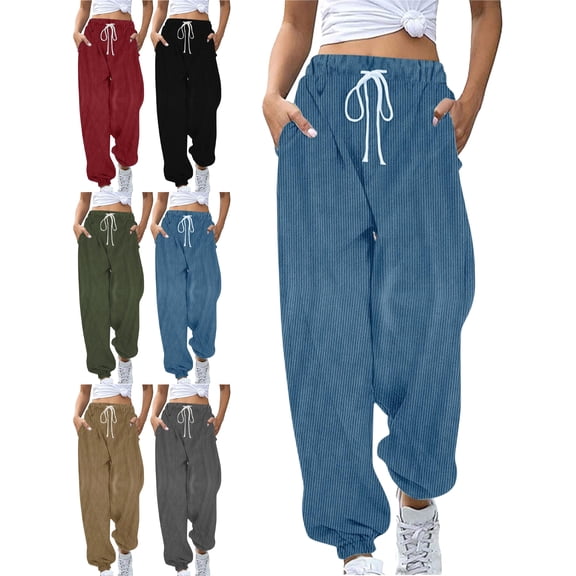 Winter Casual Corduroy Sweatpants for Women Elastic Drawstring Waist Loose Fit Tapered Cuffed Lounge Everyday Home Outdoor Pants with Pockets