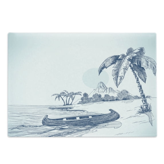 Vintage Boat Cutting Board, Hand Drawn Beach with a Ship on Shore Palm Trees Volcano Mountain, Decorative Tempered Glass Cutting and Serving Board, Large Size, Night Blue Pale, by Ambesonne