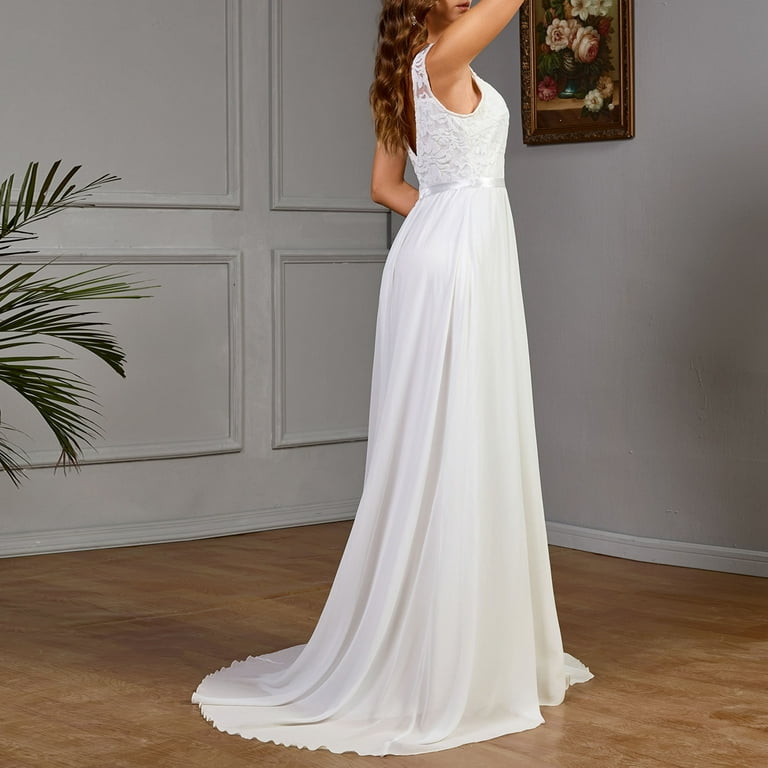 FASESH Wedding Dresses for Bride Sleeveless Lace Chiffon White Dress, Womens Long Maxi Floor Length Formal Dresses White S, Women's, Size: Small