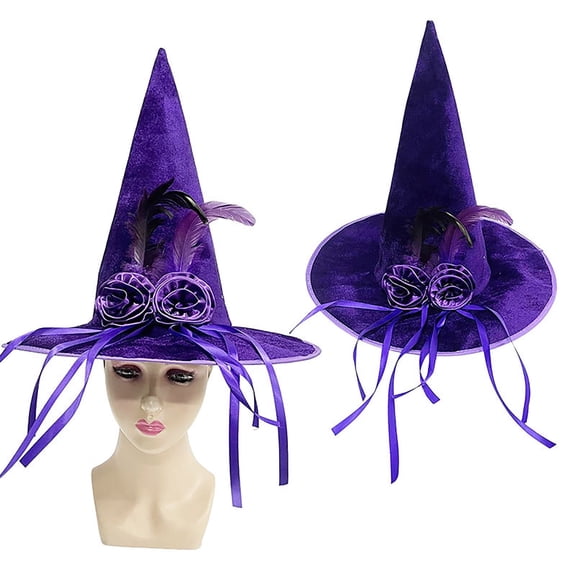 Xfvqtps Halloween Witch Hat Flower Faux Feather Straps Decor Halloween Spire Hat for Party Accessory Purple