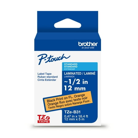 Brother P-touch TZeB31 Black Print on Fluorescent Orange Label Tape, 1/2in (12mm) x 16.4ft (5m) Laminated, 1-Piece