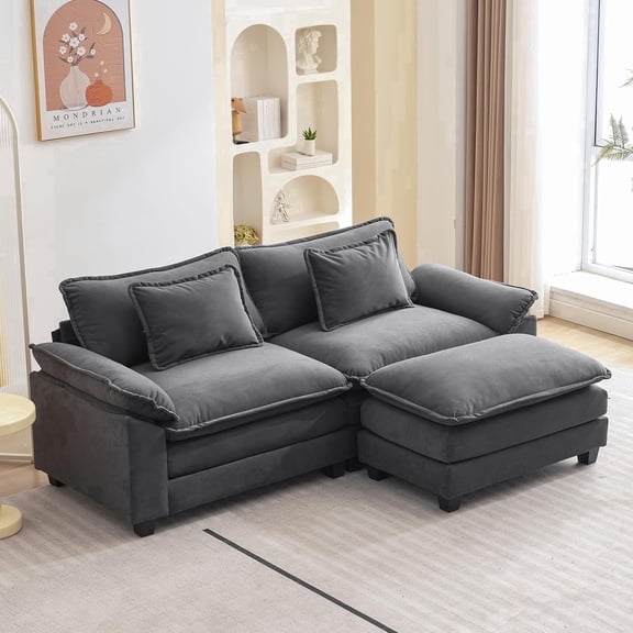 IPKIG Sectional Sofa Comfy Cloud Couch for Living Room with Pillows, Modern Velvet Sofa Sleeper Deep Couches with Ottoman (Grey, 3-Seat)