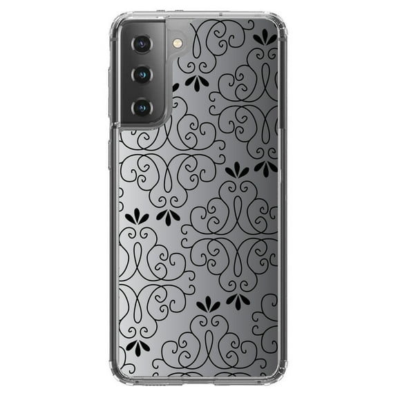 DistinctInk Clear Shockproof Hybrid Case for Galaxy S21 5G (6.2" Screen) - TPU Bumper, Acrylic Back, Tempered Glass Screen Protector - Black White Fade Black Floral Pattern
