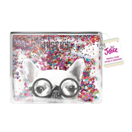 Justice French Bulldog Pencil Pouch, with Multi-Color Glitter Confetti Accents