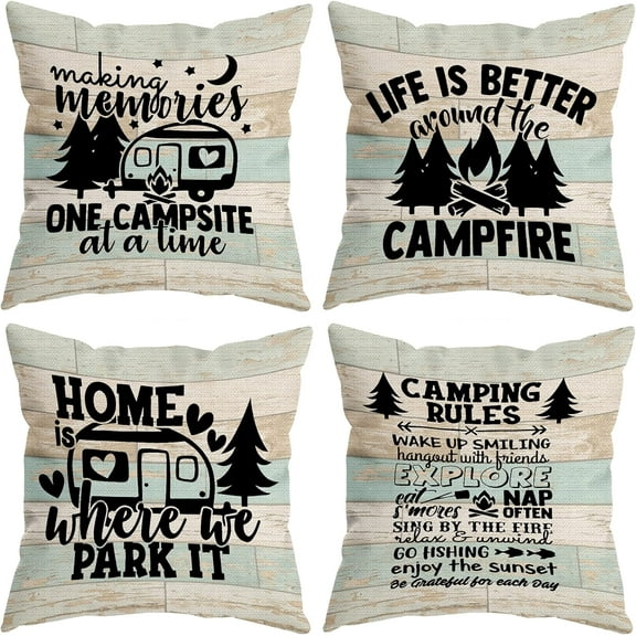 Camper Camping Rules Decorative Throw Pillow Covers, Camping Camper Gifts for Men Women, Camper Vintage Wood Pillow Cases 18 x 18 Inch Home RV Bed Sofa Decor Set of 4