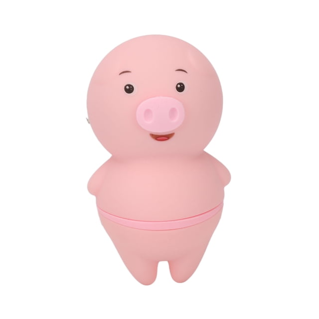 estimulador de clítoris piggy tongue mini estimulador de clítoris piggy de silicona diseñado a medida, vista frontal centrada de cerdito rosado en silicona y ABS con nariz en relieve y ojos pintados, línea de unión visible en la mitad inferior, cuerpo compacto y superficie lisa; portátil para bolso, 2 modos de vibración, requiere 3 pilas LR44 (no incluidas); también suele usarse como masajeador portátil para aliviar tensión localizada en cuello o muñecas.