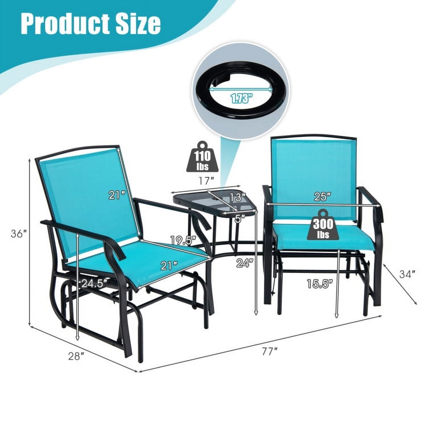 Aimee Lii Patio Conversation Sets, Double Swing Glider Rocker Chair Set with Glass Table, Turquoise
