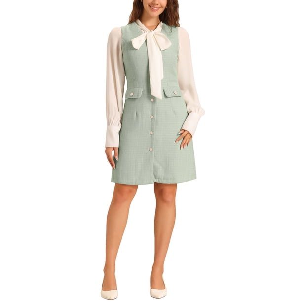 Vestido de mujer INSPIRE CHIC de cuadros de tweed, con escote en V, sin mangas, de un solo botón y con bolsillos, talla XS, color verde