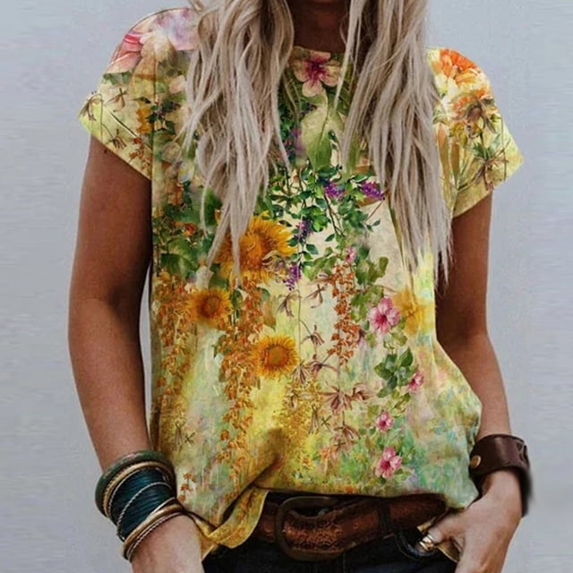 CHGBMOK Hauts d'Été Grande Taille pour Femmes Blouse Décontractée à Manches Courtes Imprimée Col Rond T-Shirt Hauts d'Été Plage en Solde