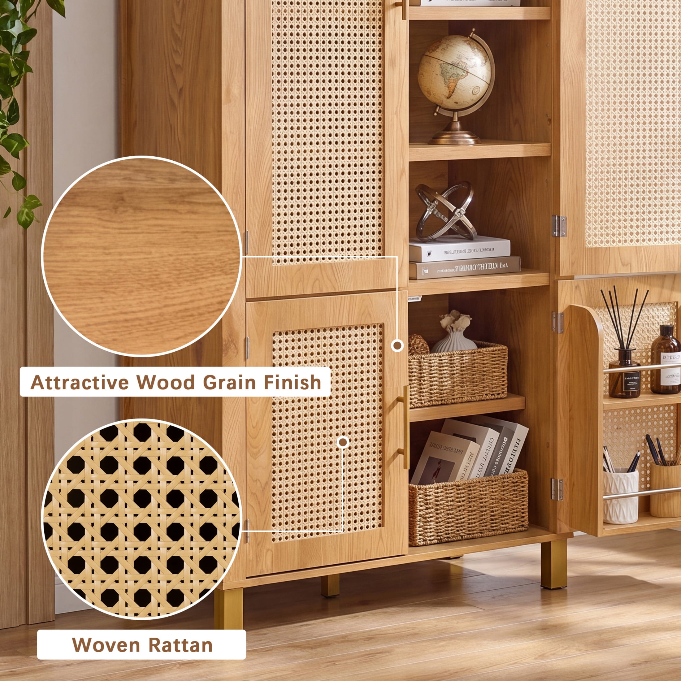 Noble House 71" Farmhouse Arched Storage Cabinet with Rattan Doors, Adjustable Shelves, Oak