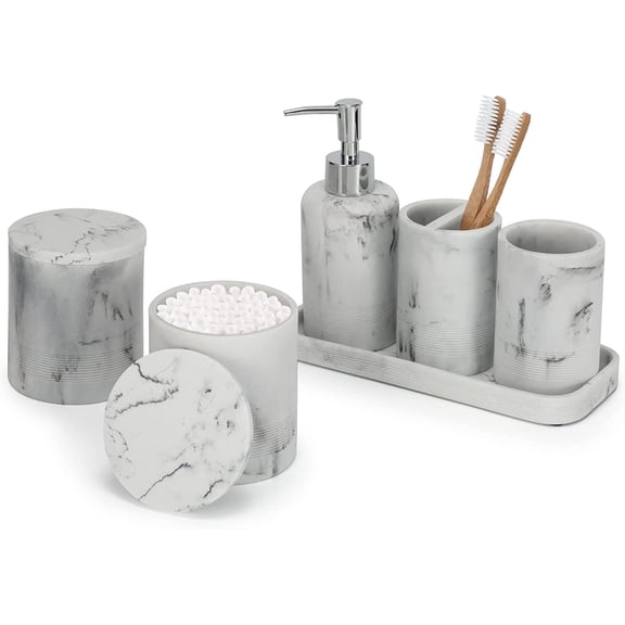 White Marble Bathroom Accessories Set 6 Pieces - Toothbrush Holder, Lotion Dispenser, Qtip Container, Vanity Tray, Tumbler - Countertop Organizer for Bathrooms - Elegant and Functional Décor Set