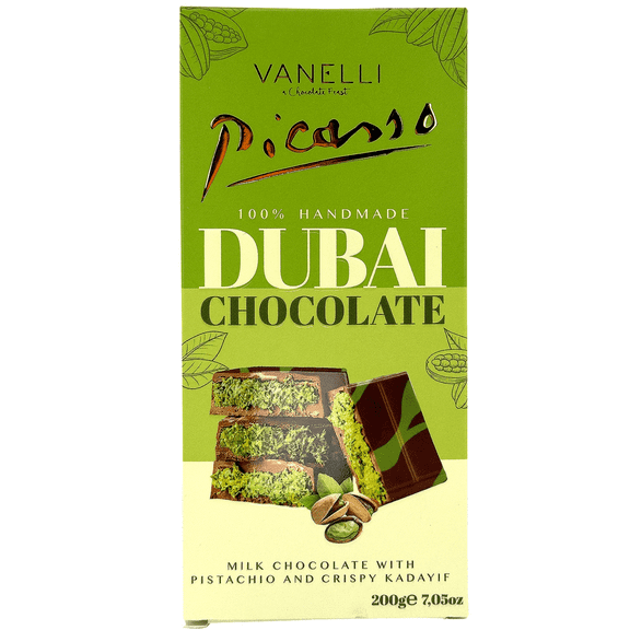 Picasso Vanelli Dubai Chocolate Bar – Premium Imported Milk Chocolate, 7 oz (200g) 1 Pack.