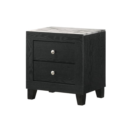 Nightstand with White Faux Marble Top and 2 Drawers Modern Contemporary Wood Bedside Cabinet with Black Finish for Bedroom 21.5 x 15.4 x 22.8 H Elegant Storage Side Table