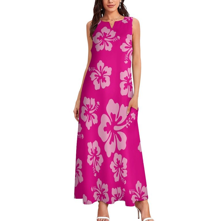Bright Pink Hibiscus Hawaiian Flower Aloha Long Dress woms dress summer  clothes for wom Dress - Walmart.com