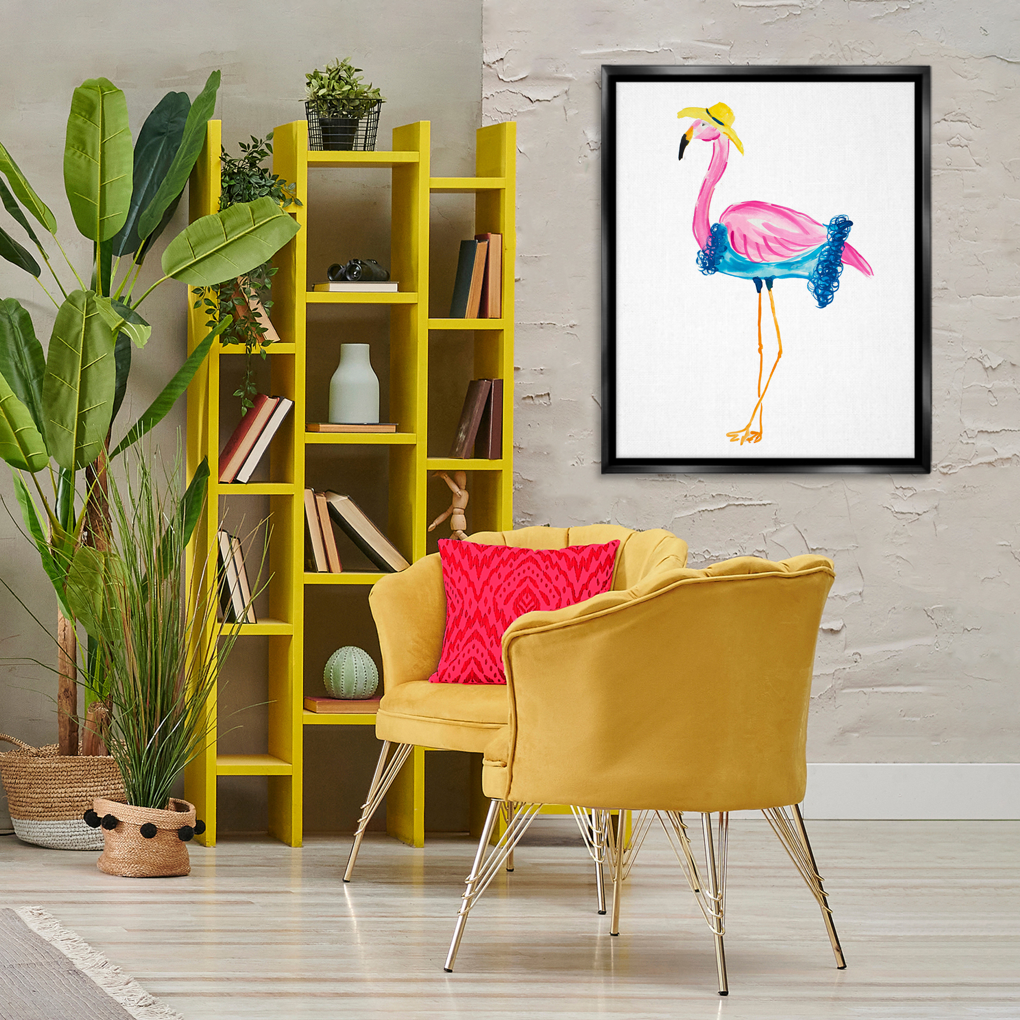 Stupell Industries Glamorous Beach Flamingo Animals & Insects Painting Black Floater Framed Canvas Art Print Wall Art, 25 x 31