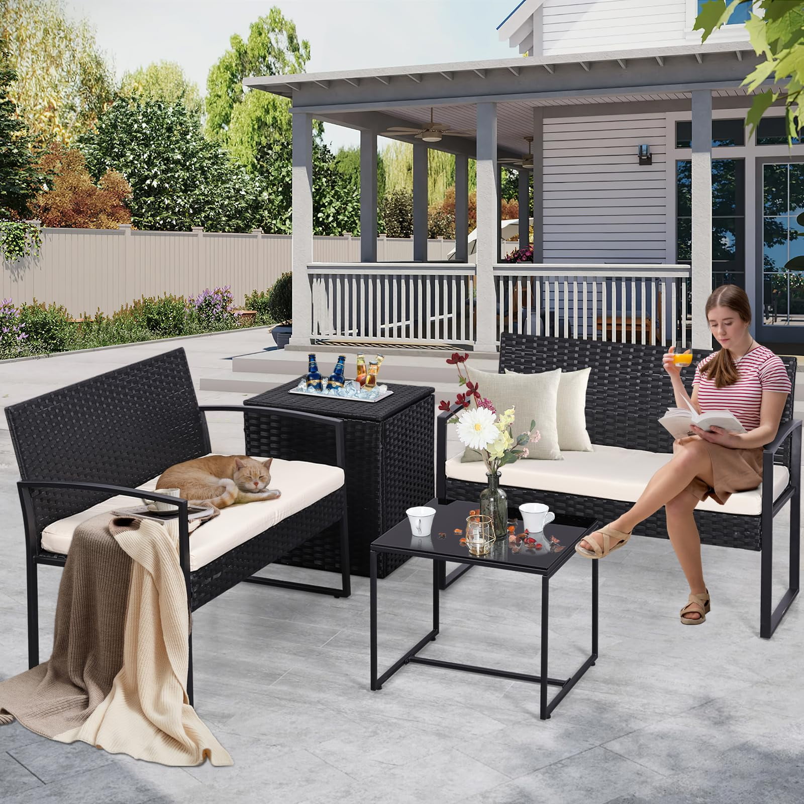4 Piece Outdoor Patio Furniture Set,Wicker Conversation Sets Patio Sofa Couch with Built-in Beverage Cooler Storage Box & Coffee Table for Outside, Garden, Balcony, Porch,Black/Beige