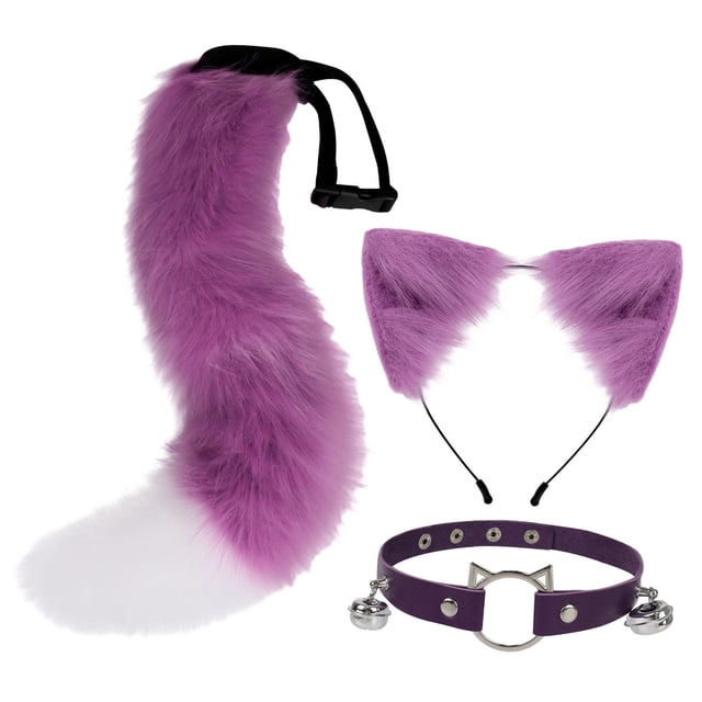 Conjunto de orejas y cola de gato, accesorios para el cabello de cosplay, tocado, accesorios para disfraz de gato Púrpura blanco