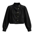 thumbnail image 6 of Womens Cropped Denim Jacket Button Down Y2K Ruffle Jean Shacket Mock Neck Casual Tops Long Sleeve Retro Washed Denim Coat Black L, 6 of 6