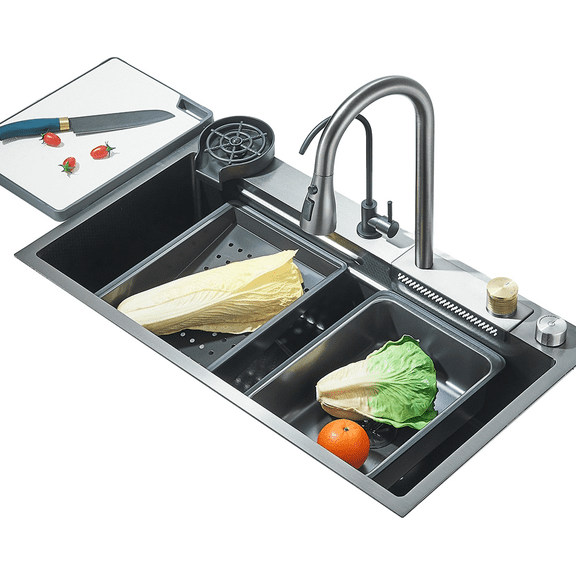 Zovajonia 32''Waterfall Kitchen Sink Black 304 Stainless Steel Waterfall Pull-Faucet Bar Single Bowl Family Kitchen Sink with Full set Accessories