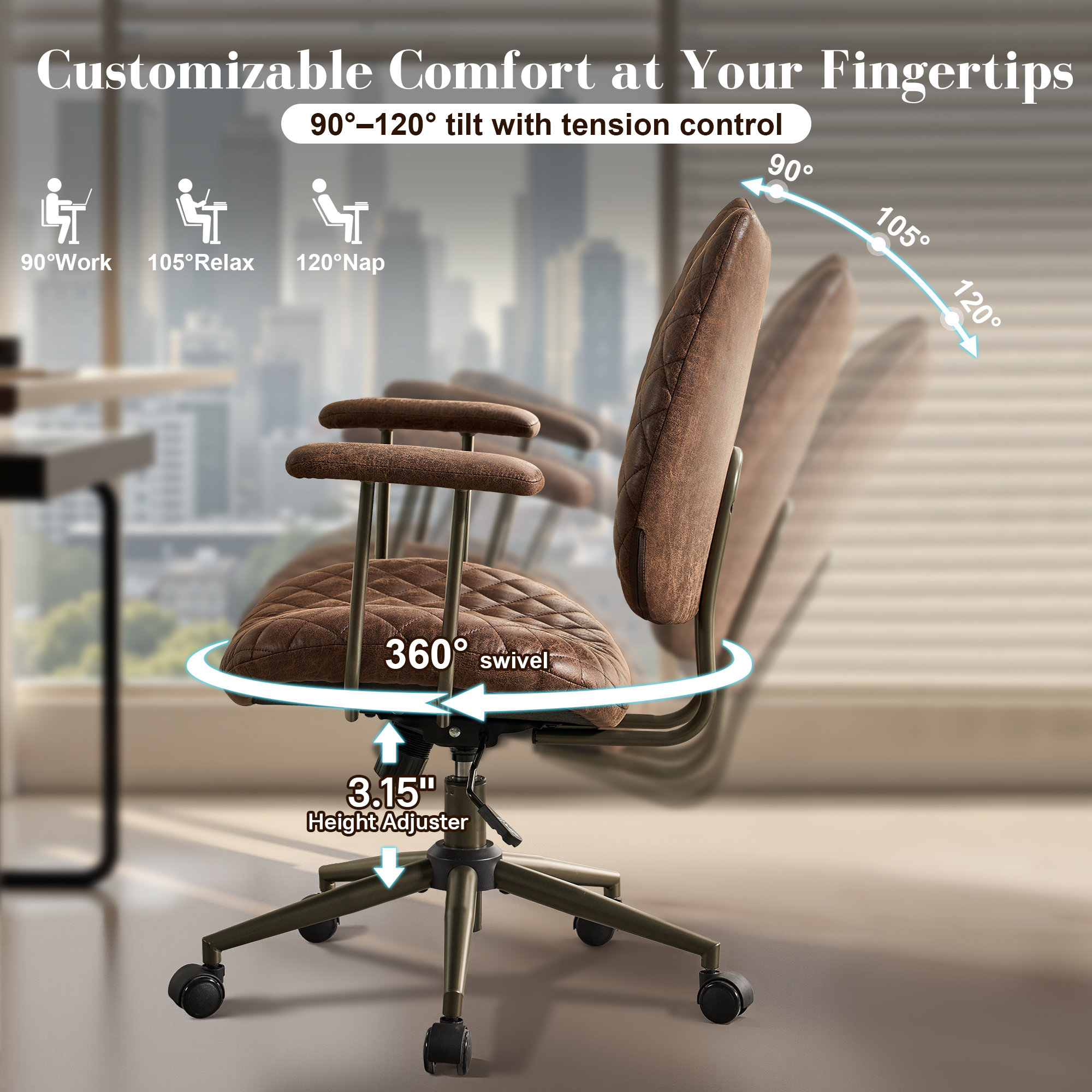Toject Leather Office Chair, Mid Back Home Office Chair with Lumbar Support, Ergonomic Computer Chairs, Executive Desk Chairs with Thickened Cushions, Task Chairs for Offic, Suede Leather, Dark Brown