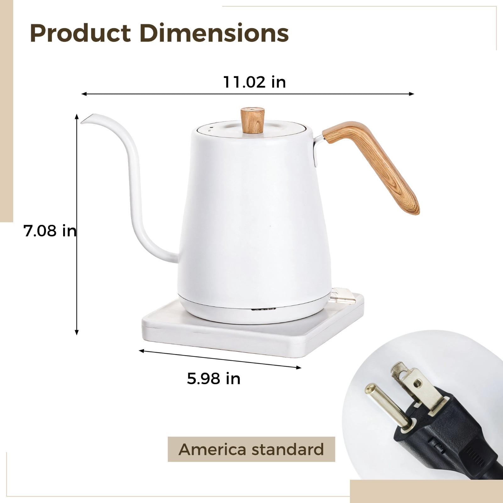 Gooseneck Kettle for Precise Pouring, 314.96 in (800 ml) Stainless Steel Water Heater for Tea and Coffee, 1000W Fast Heating, Ergonomic Wooden Handle, Temperature Control with Auto Shut Off (110V)