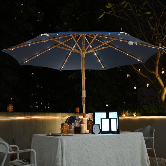 LAGarden Boho 32 LED 9Ft Wood Market Patio Umbrella with Solar Lights for Bar Hotel Resort Alfresco Dining Rooftop Restauran Navy Blue