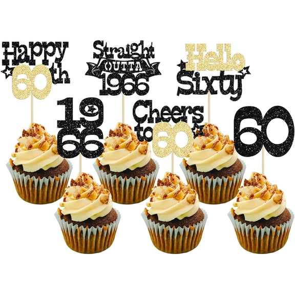 12Pcs Black & Gold Glitter 60th Birthday Cupcake Toppers, "Hello 1966, Cheers to 60" Picks for 60th Birthday Party Cake Decorations